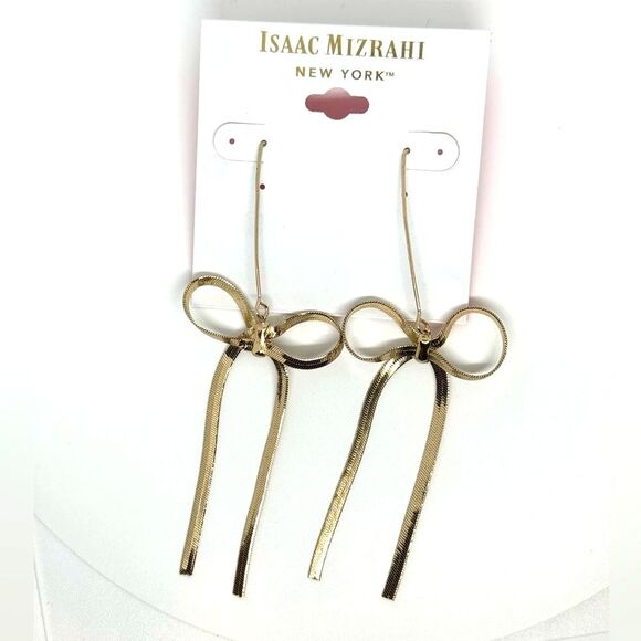 ISAAC MIZRAHI Gold Tone Dangling Bow Hook Earrings - Picture 7 of 7